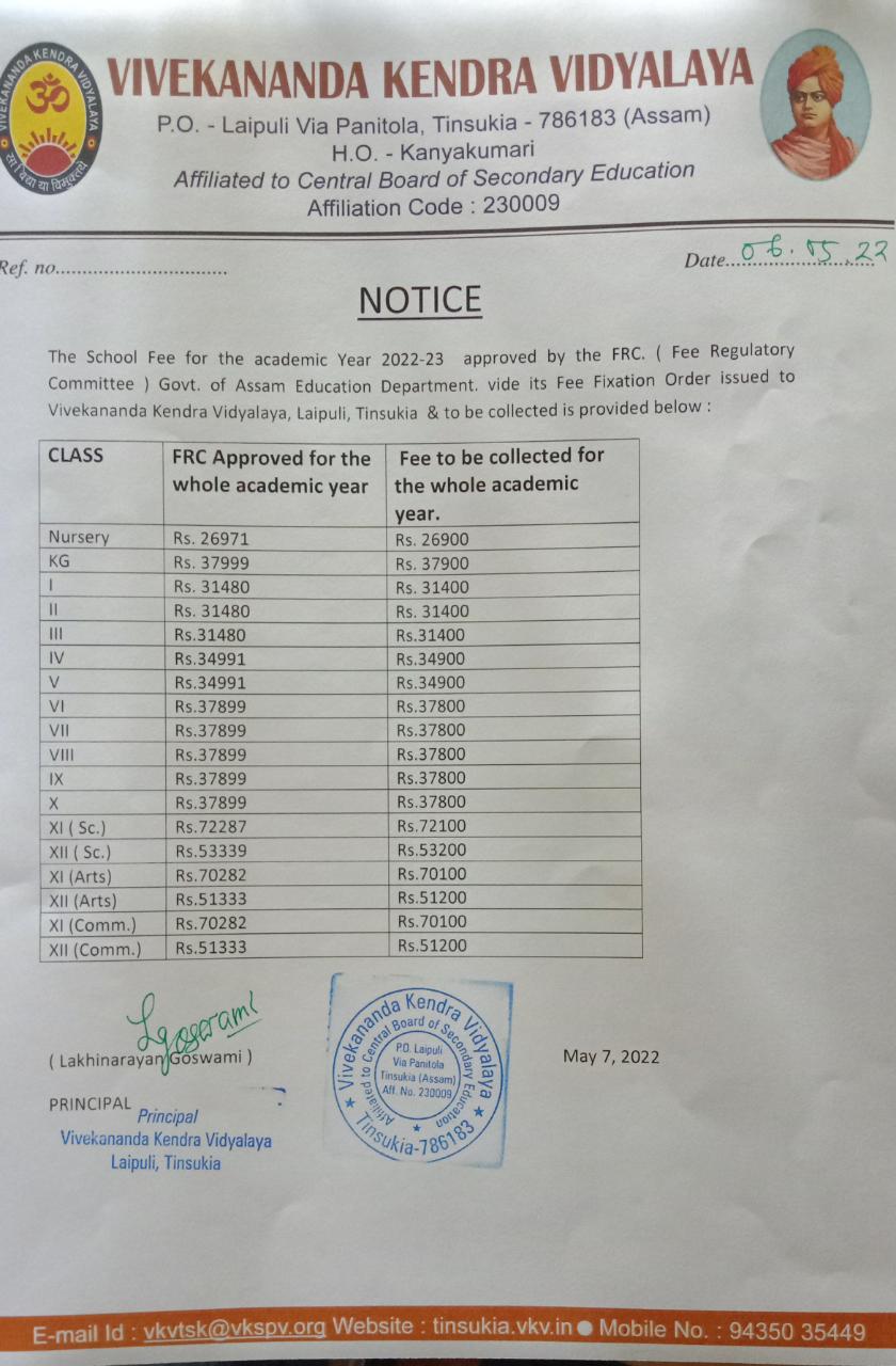 Fee Structure 202223 VKV Tinsukia